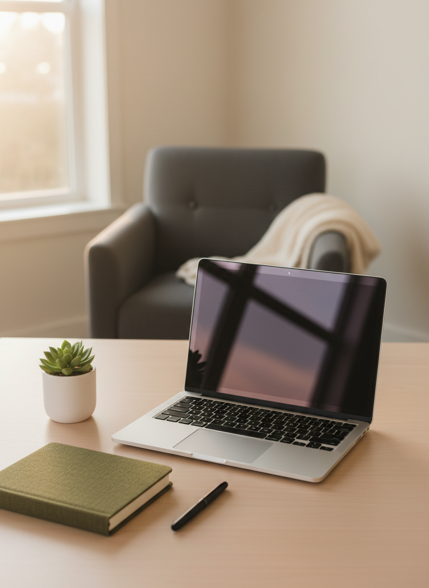 A contemporary home workspace set up for online Jungian therapy, with a slim silver laptop open on a tidy light-wood desk, its blank screen reflecting soft window light. Beside it, a small green plant in a simple white pot, a closed journal with a textured fabric cover, and a pen placed neatly parallel. In the distance, a comfortable upholstered chair and a folded blanket suggest a quiet place for reflection. Warm afternoon light enters from the side, creating calm, even illumination. Shot in photographic realism from a slightly elevated angle, with balanced composition and gentle depth of field, evoking a sense of privacy, focus, and emotional safety for online sessions.