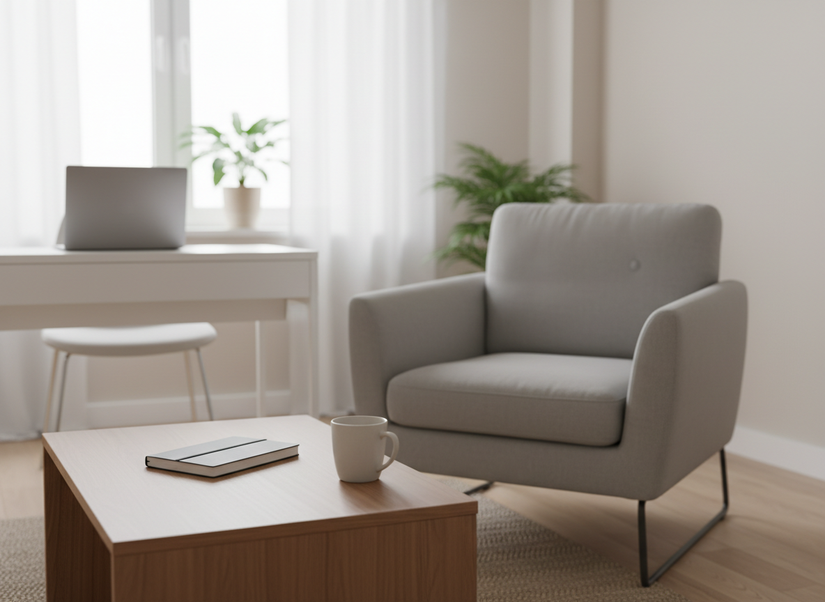 A calm, uncluttered psychotherapy office scene without any people, featuring a modern light-gray armchair facing a low wooden coffee table with a smooth matte finish. A closed notebook and a simple ceramic mug rest on the table, suggesting a thoughtful conversation without showing it. In the background, a laptop sits on a clean white desk, hinting at online sessions. Soft daylight filters through sheer curtains, creating gentle, natural highlights and subtle shadows. Photographic realism at eye level, with a slightly shallow depth of field that keeps the seating area in clear focus while the background softly blurs, conveying safety, professionalism, and a welcoming atmosphere.
