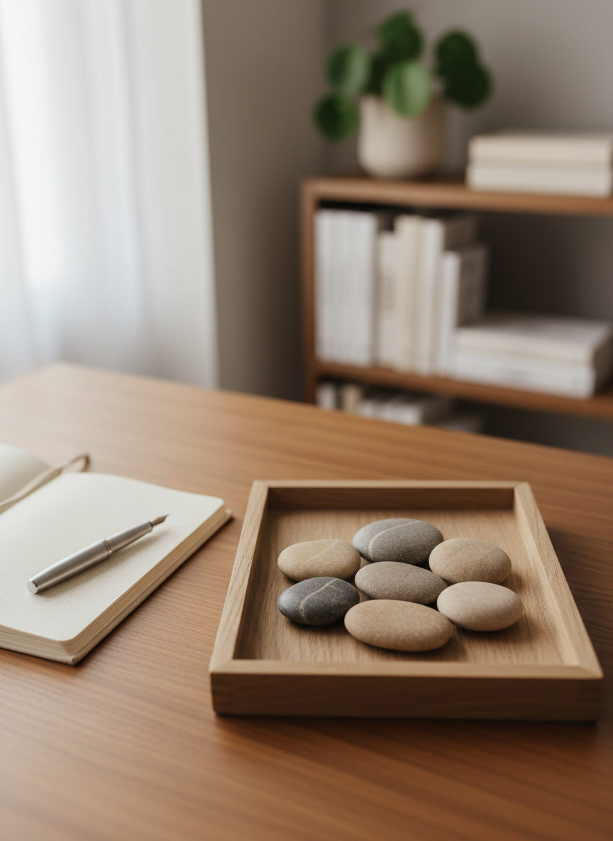 A symbolic yet grounded representation of Jungian psychology without any mystical elements: a neatly arranged set of smooth river stones in varying natural grays and beiges placed in a shallow wooden tray on a therapist’s desk, each stone distinct but harmoniously grouped. Nearby lies an open, blank notebook and a pen, ready for notes and insights. The background shows blurred shelves with neutral-colored books and a small leafy plant. Soft overcast daylight from a nearby window creates diffused, shadowless lighting. Photographic realism at eye level with a shallow depth of field, emphasizing the stones as a metaphor for different aspects of the psyche, in a calm, reflective mood.